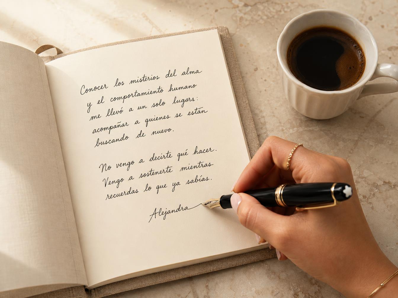 Una mano escribiendo con pluma en un cuaderno abierto junto a una taza de café negro