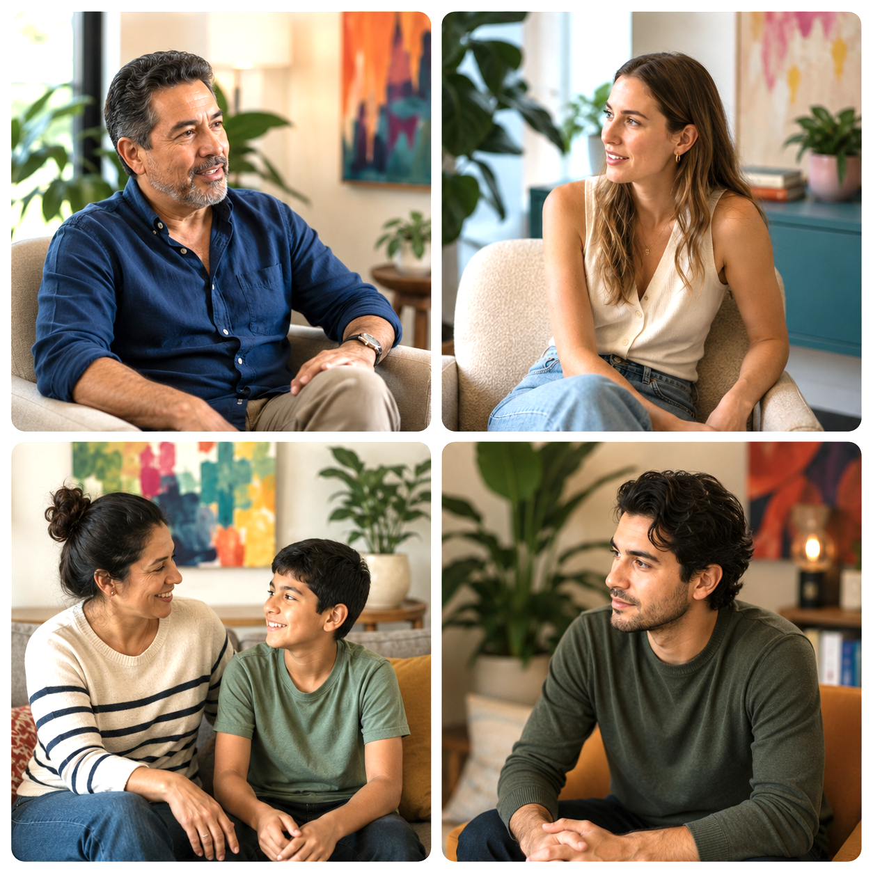 Cuatro retratos contemporáneos de personas en conversación, en tonos cálidos y luminosos
