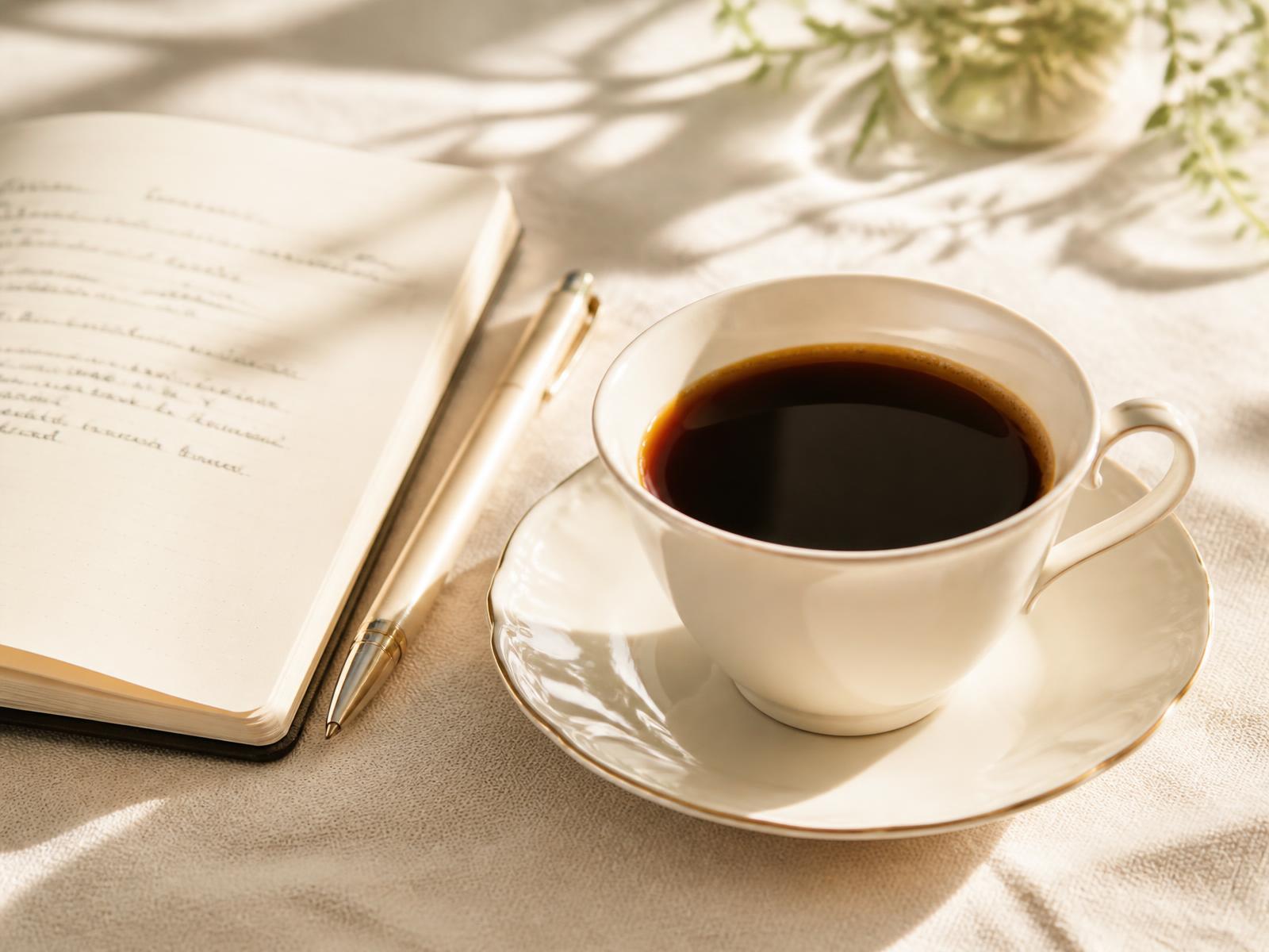 Taza de café negro en porcelana blanca junto a un cuaderno abierto y una pluma, con luz natural cálida