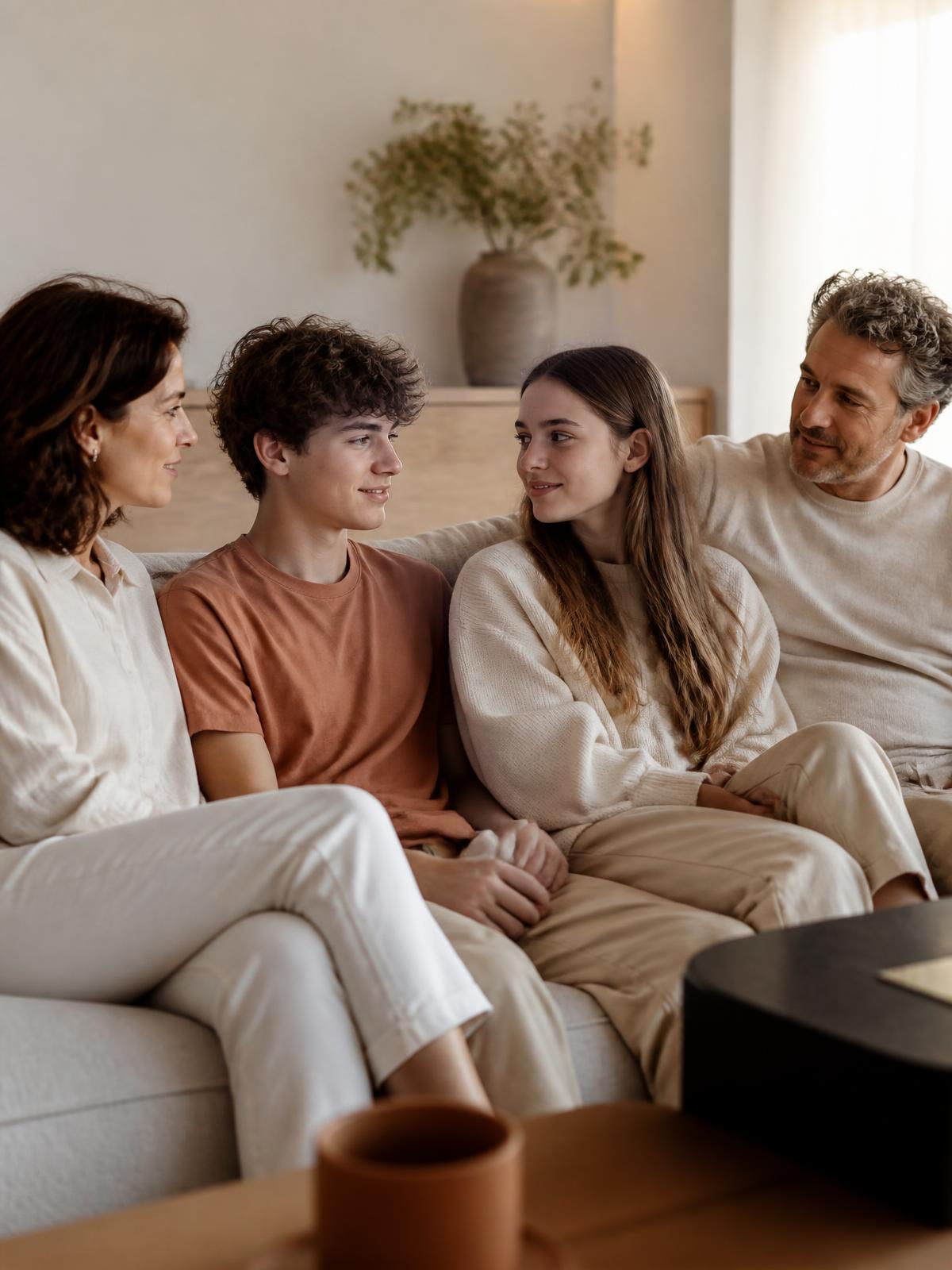 Padres conversando con sus dos hijos adolescentes en el sofá de casa