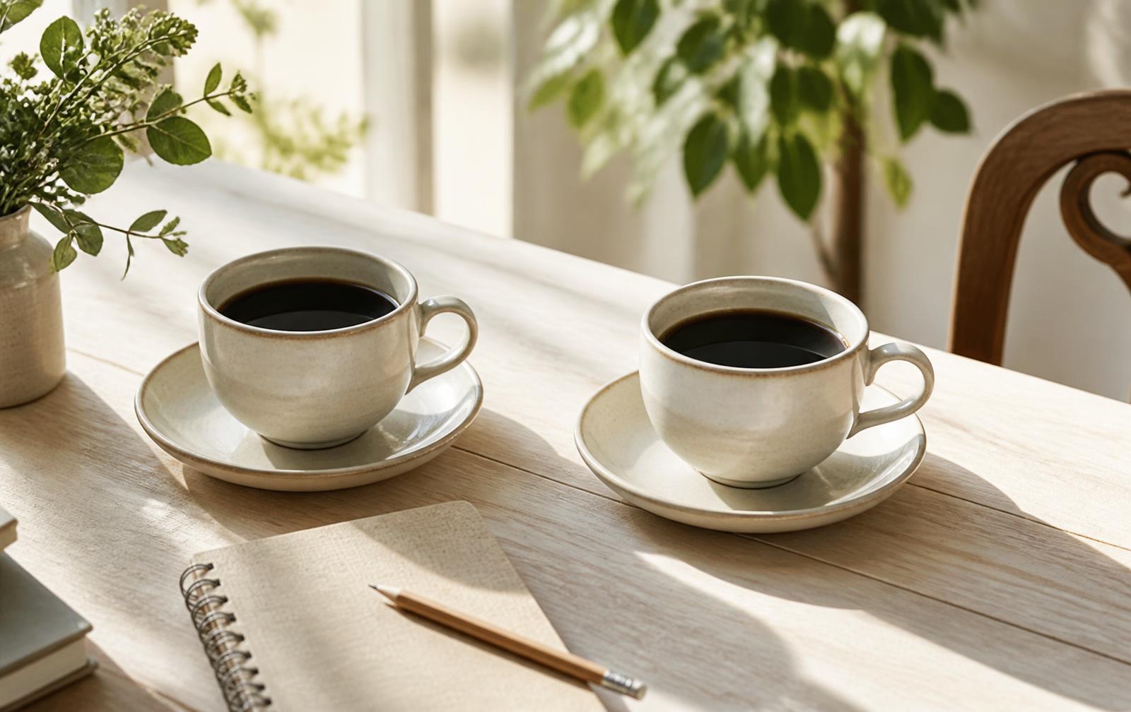 Dos tazas de café negro en cerámica neutra, enfrentadas sobre una mesa de madera clara junto a un cuaderno y un lápiz